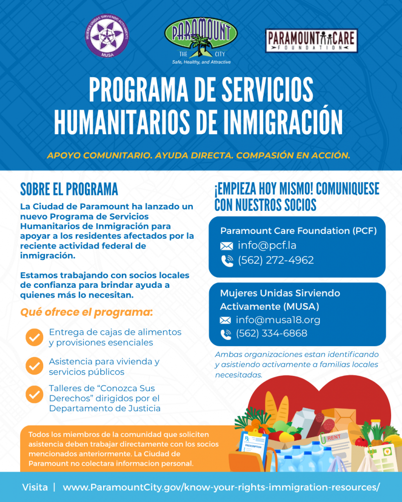 Spanish flyer for immigration humanitarian services program