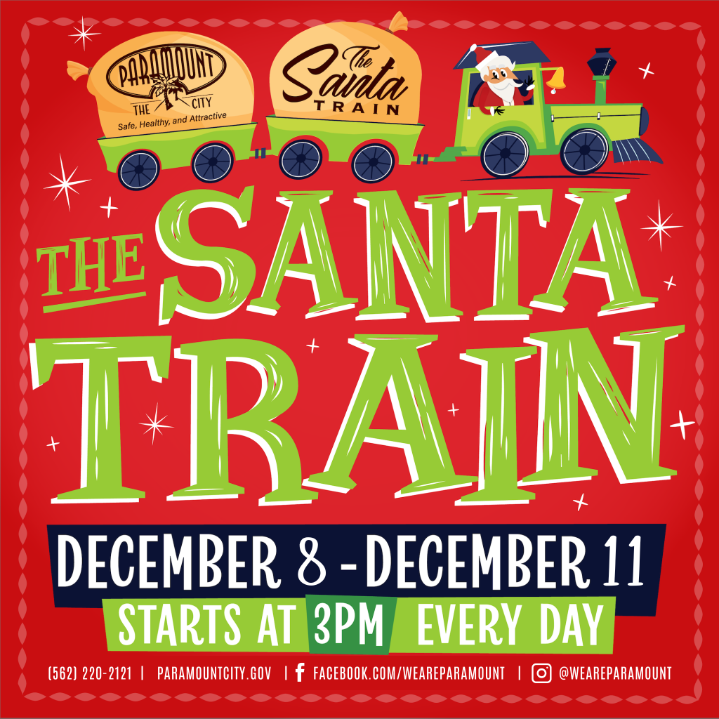 A festive poster for "The Santa Train," running from December 8-11, starting at 3 PM daily. Bright red background with train graphics.