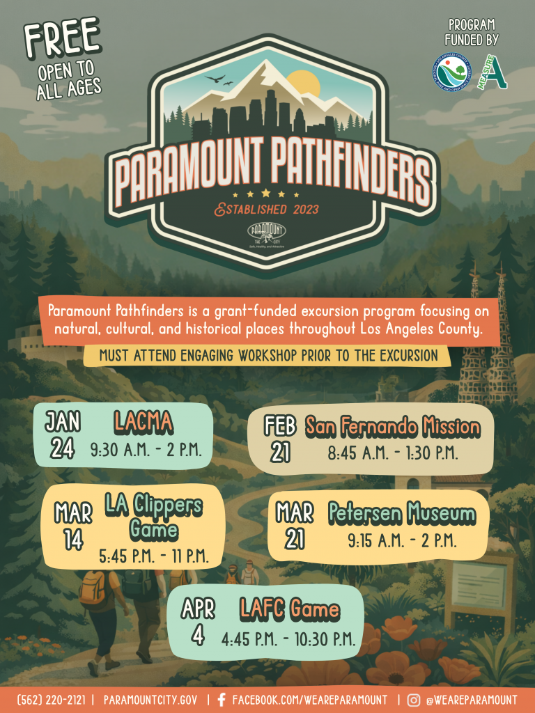 Upcoming excursions: January 24, LACMA, 9:30 am to 2 pm February 21, San Fernando Mission, 8:45 am to 1:30 pm March 14, Clippers Game, 5:45 pm to 11 pm March 21, Petersen Museum, 9:15 am to 2 pm April 4, LAFC Game, 4:45 pm to 10:30 pm