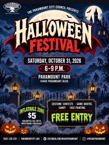 Paramount City Council presents a Halloween Festival on October 31, 2026, 6–9 p.m. at Paramount Park, featuring costume contests, games, candy, face painting, and free entry. An inflatable zone costs $5.