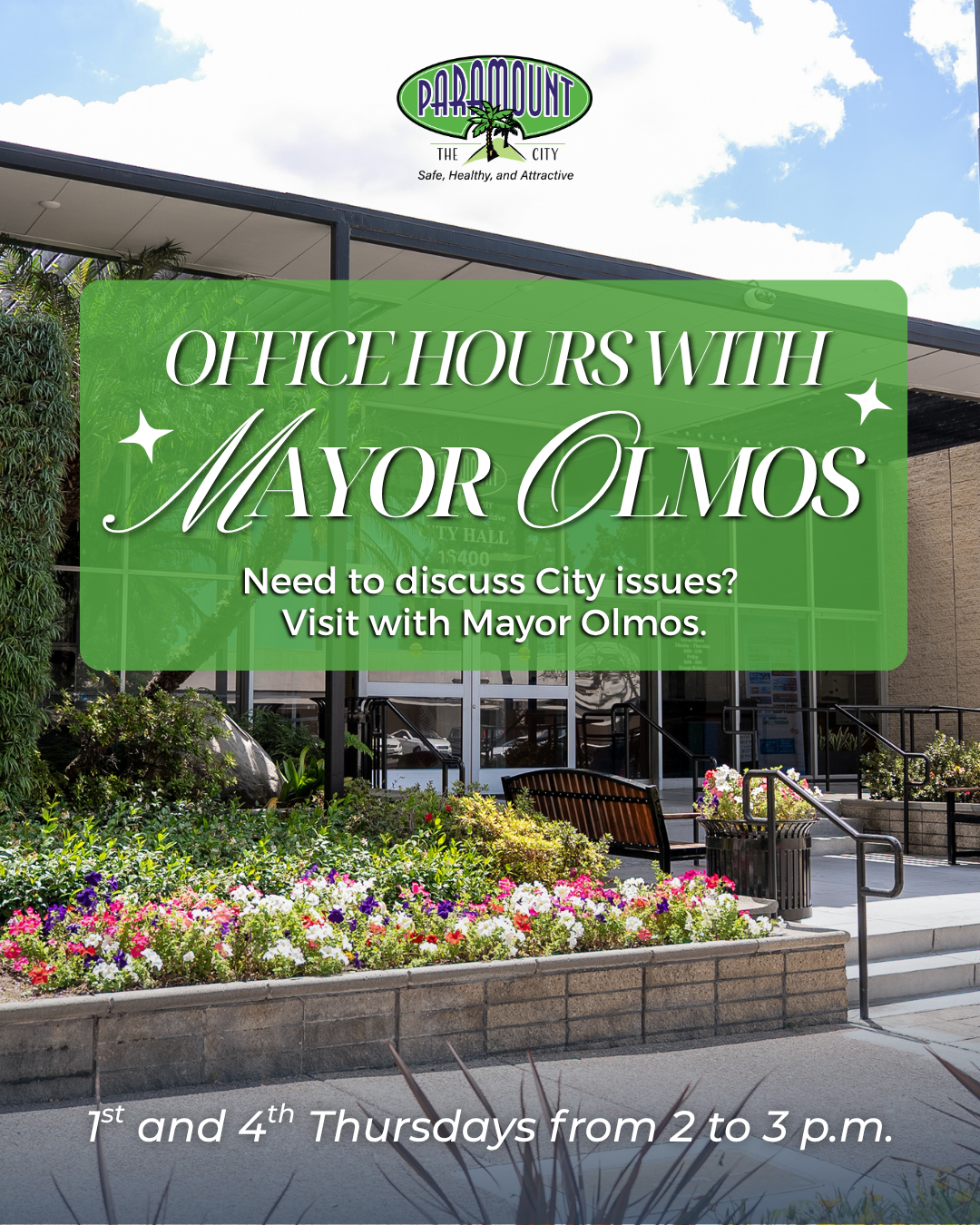 Graphic promoting the City of Paramount's "Office Hours with Mayor Brenda Olmos"