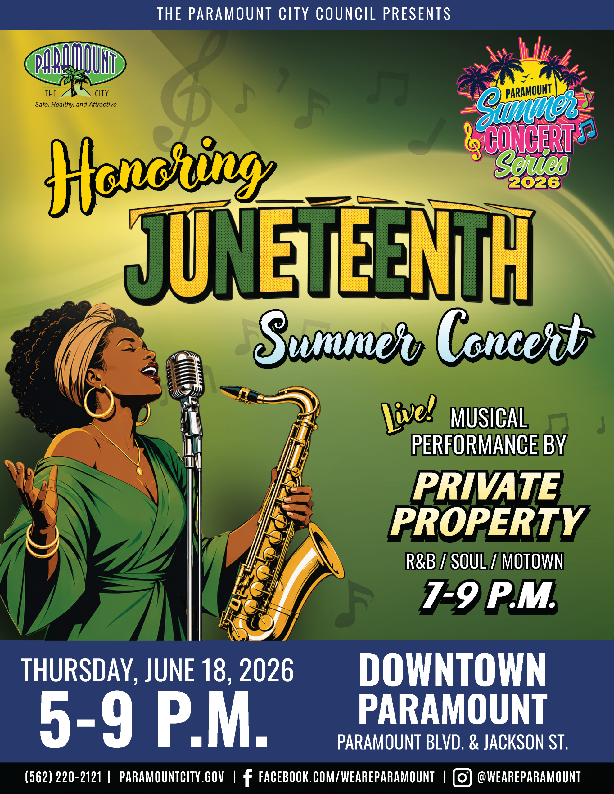 Graphic depicting the City of Paramount's Honoring Juneteenth Summer Concert
